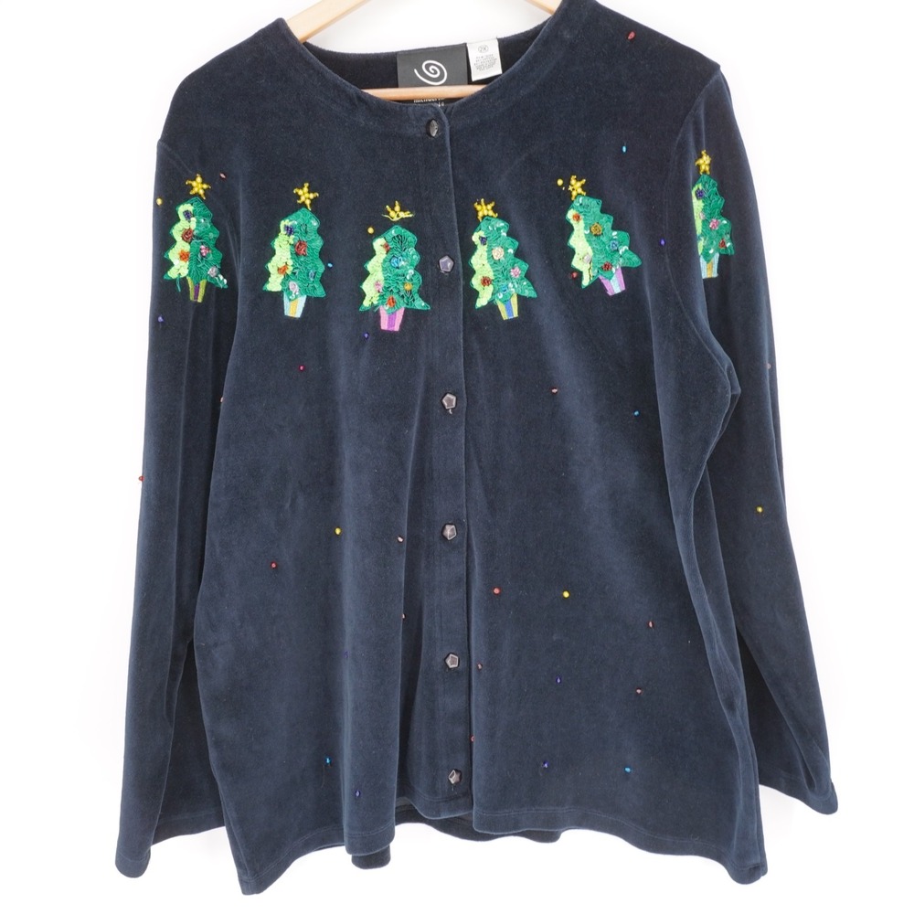 Michael Simon Velour Christmas Tree Shirt 2X Black Sequin Button Beaded Holiday
